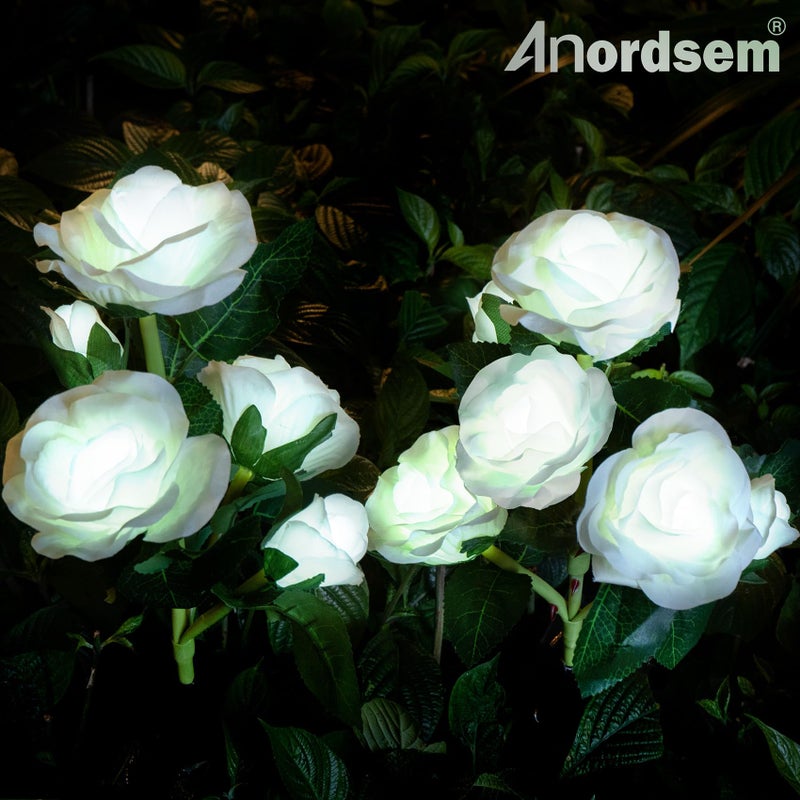 Anordsem Solar Garden Lights Outdoor: 10 Waterproof Fabric Roses Flower 2 Pack - LED White Landscape Lighting for Yard Cemetery Decorative - Christmas Gifts for Mom Homeowner Over 30 - Image 2